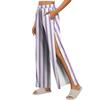 Women Striped Side Hook and Loop Closure Easy Open Post Surgery Recovery Pants Elastic Waistband Long Length Medical Care Trousers