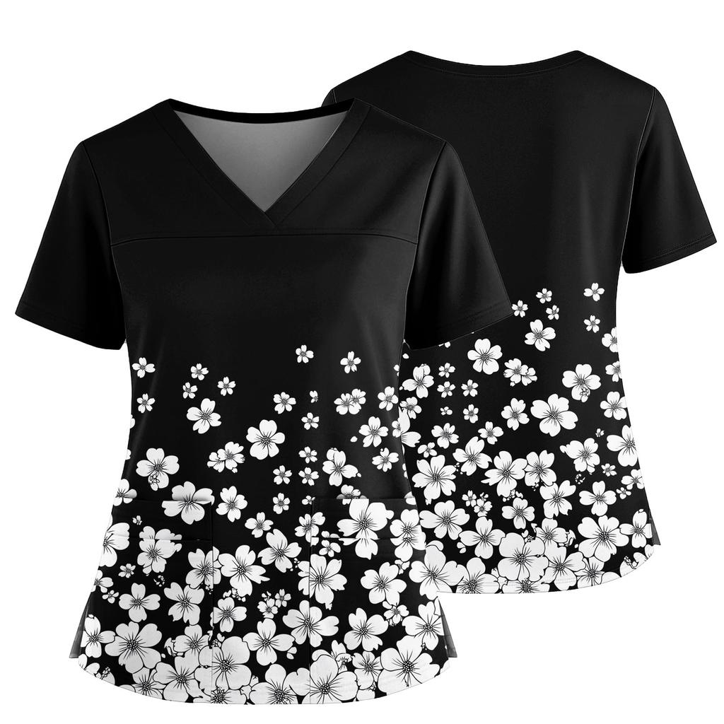 Women's Casual Printed V-Neck Pocket Side Slit Short Sleeved Top Short Sleeved Top