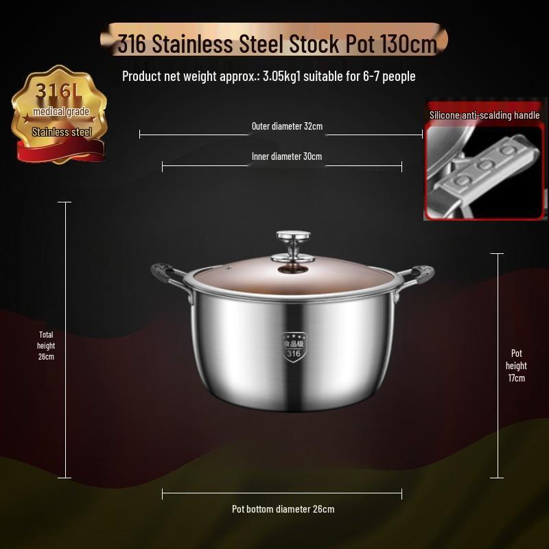Extra Tall 316 Stainless Steel Stockpot with Anti-Overflow Lid, Large Capacity, No Coating, Perfect for Porridge, Steaming, and Stews.