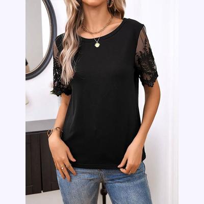 Women's Summer T-shirt Elegant Knit Spell Lace Round Neck Loose Mesh Splicing Short Sleeve Top