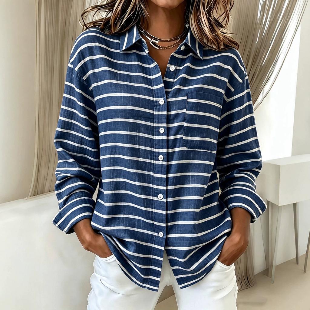 Women's Casual Striped Long Sleeve Collared Shirt Blouse Top for Everyday Wear