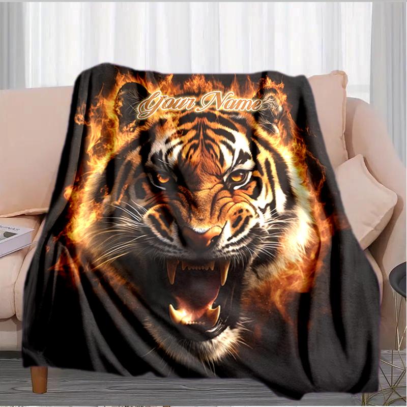 1PC Custom Name Tiger Power flannel blanket versatile, all-season throw suitable for the living room, bedroom, camping, travel, and gift