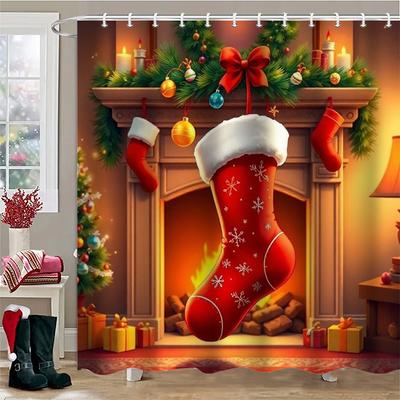 Christmas Tree Stocking Bells Print Bathing Curtain  Bathroom Shower Curtain With 12 Hooks Bathroom Home Decor and Accessories