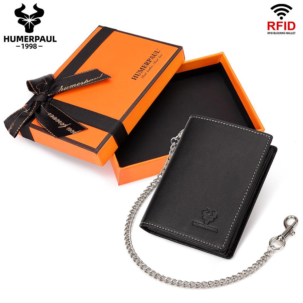 Humerpaul Συσκευασία συσκευασίας δώρου Γνήσιο δέρμα Ανδρικό πορτοφόλι Rfid brush slim card bag Αντικλεπτική αλυσίδα