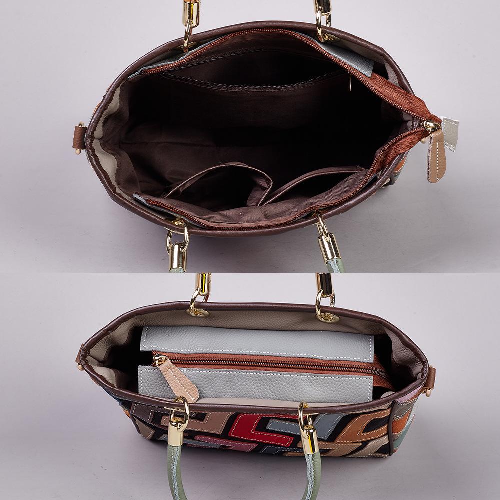 Echtes Leder Damen Ethno-Stil Colorblock Crossbody Schultertasche