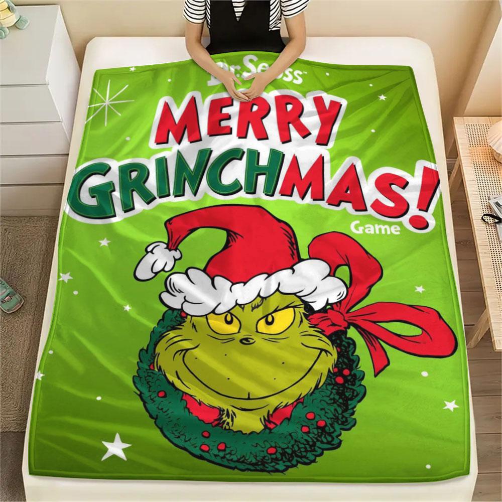 Christmas Grinch Cartoon printing Flannel Blanket Bedroom Sofa Camping Warm blanket Gifts for family and friends-MJ021