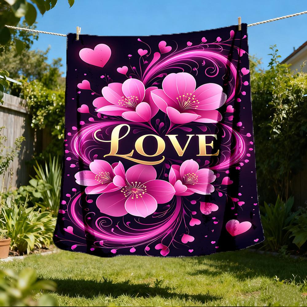 1pc Floral Love Decor Outdoor Flannel Blanket Soft All Season Polyester Throw , Perfect for Picnics & Travel , Picnic Accessory