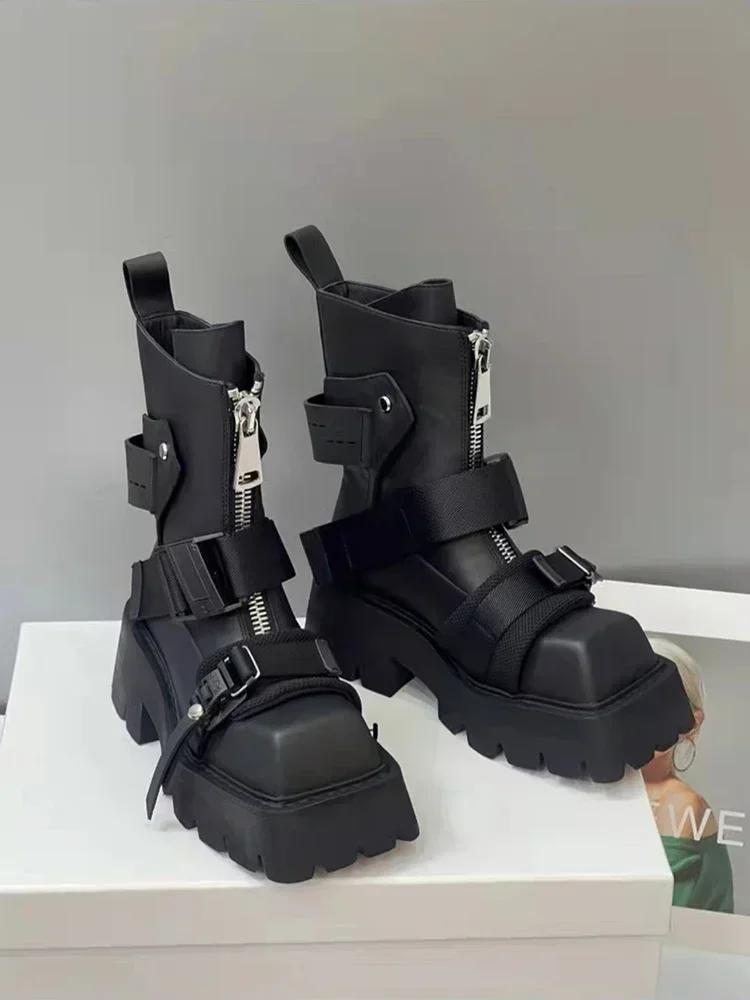 Fashion Luxury Leather Ankle Boots Women Zip Belt Buckle Strap Design Motorcycle Boots Thick Bottom Non-slip Platform Botas Para Mujer