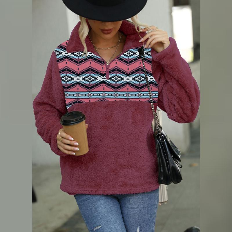 Plush Long-sleeved Sweatshirt Women's Loose Pullover Stand Collar Pocket Half Zip Top