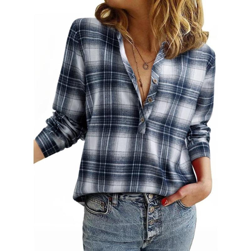 Podzimní a zimní dámská nová kostkovaná košile s výstřihem do V, módní ležérní košile na knoflíky