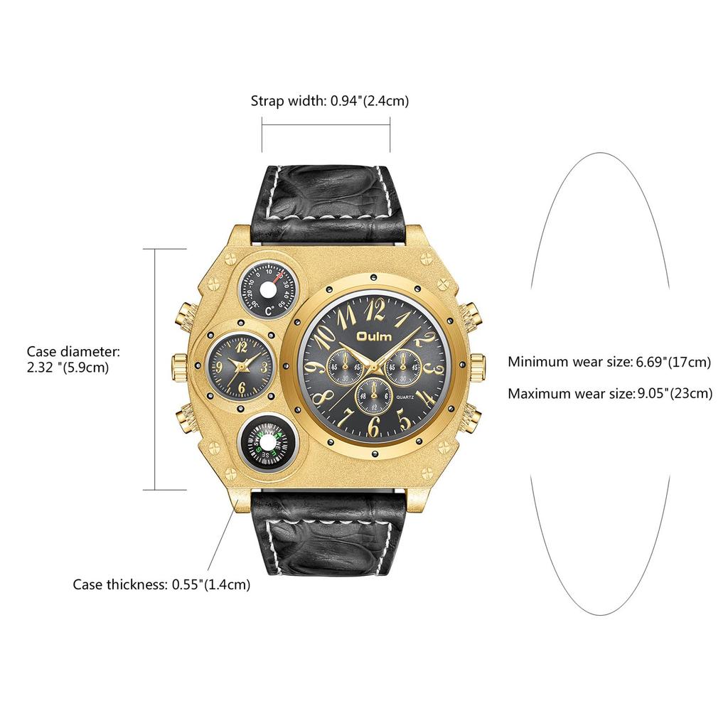 Dual Time Leather Band Sports Business Gold and Perfect Gift for Him or Fashion Accessory Men's Watch, Waterproof, Simple, Casual, Style, Black, Her,
