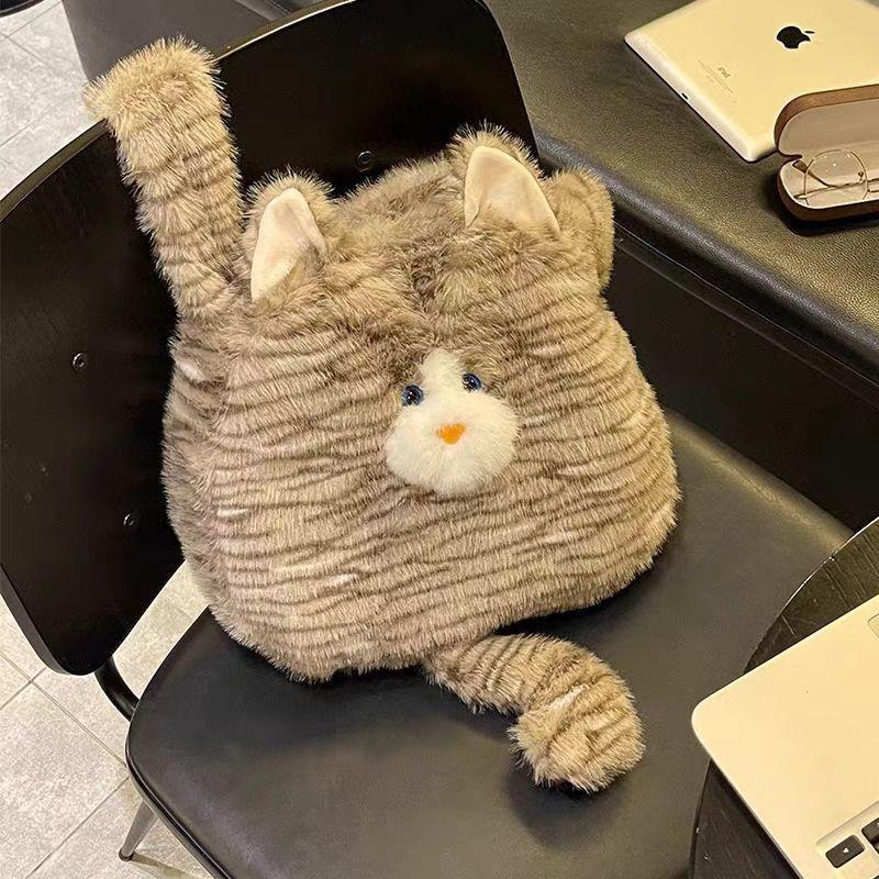 Trendy Cute Cat Fluffy Tote Shoulder Bag For Women Big Volume Portable Handheld Crossbody School Shopping Handbag