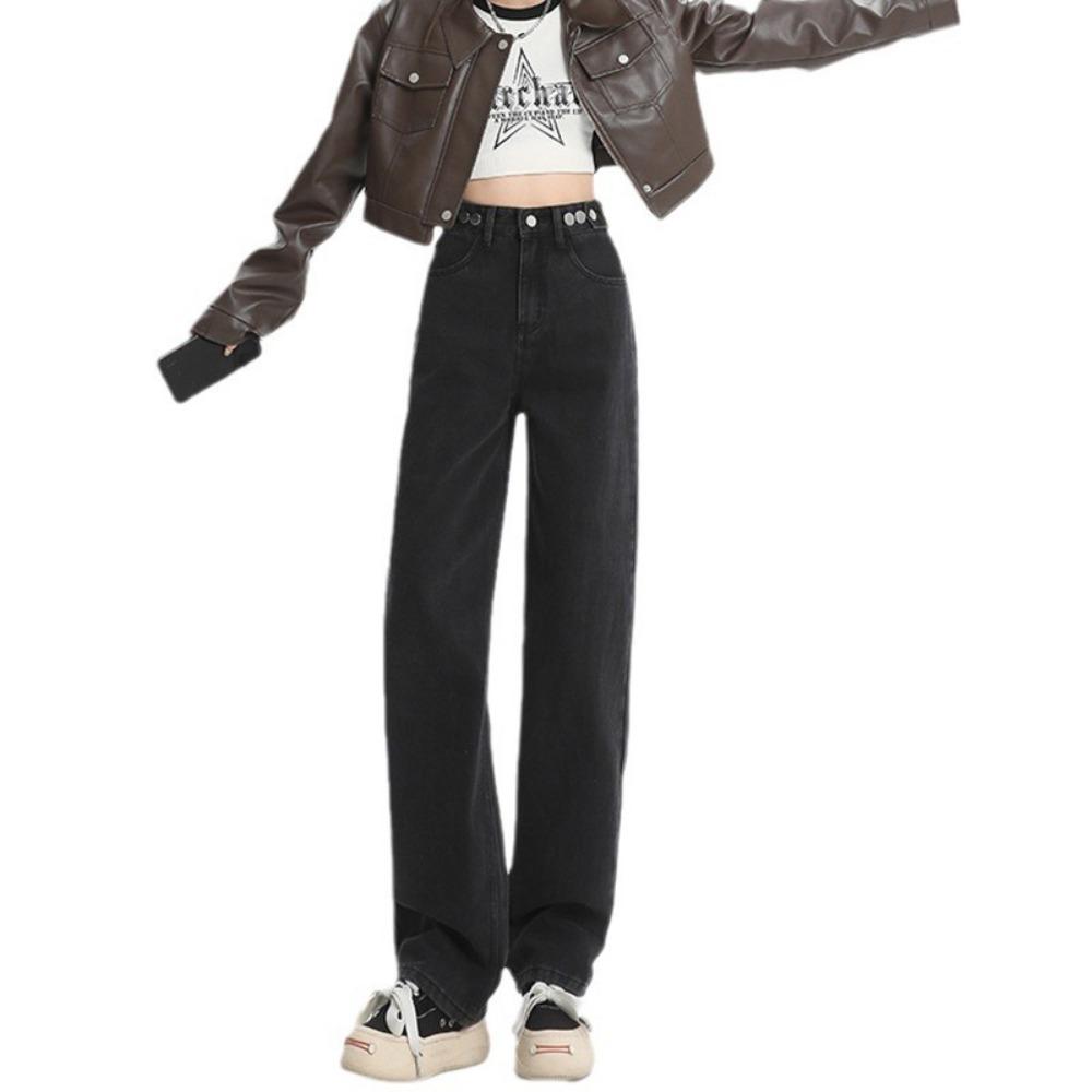 Spring and summer new American high-waisted straight jeans women's adjustment buckle loose and thin wide-leg jeans fashion