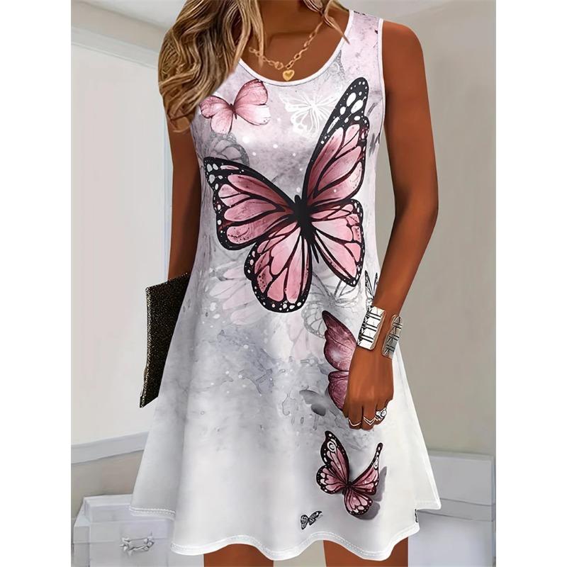Butterfly Pattern Women s Mini Dress Summer Sleeveless 3D Printed Loose Large Casual Dress L