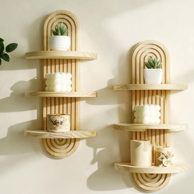 3 Layer Arched Wood Wall Mounted Planter Holder Decorative Shelf Living Room Bedroom Display Rack Hanging Organizers