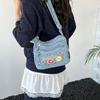 Borsa a Tracolla in Denim da Donna con Ricamo di Gattino Cartone Animato e Multi-scomparti