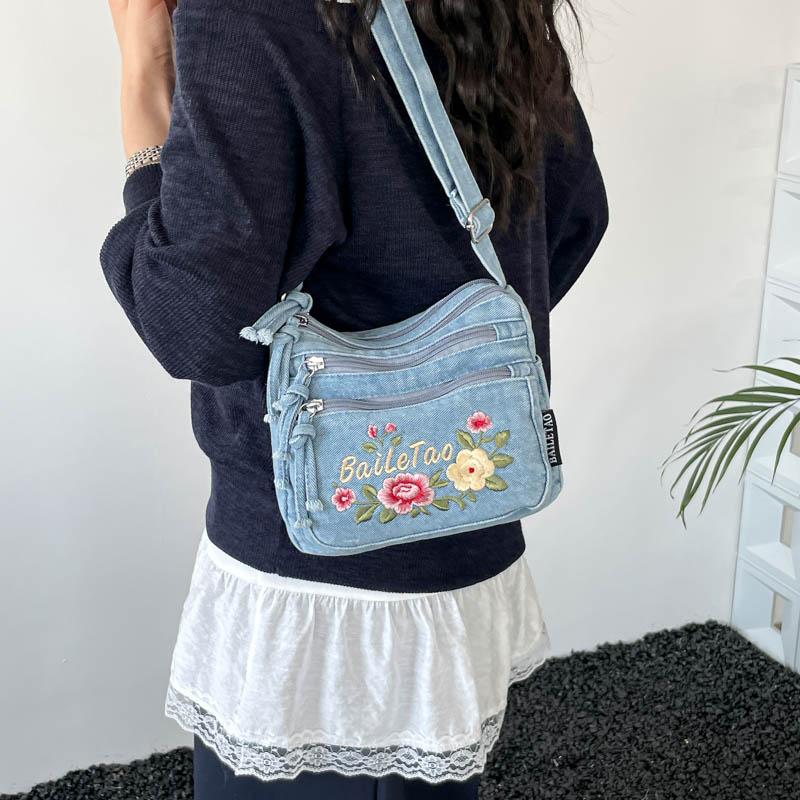 Borsa a Tracolla in Denim da Donna con Ricamo di Gattino Cartone Animato e Multi-scomparti