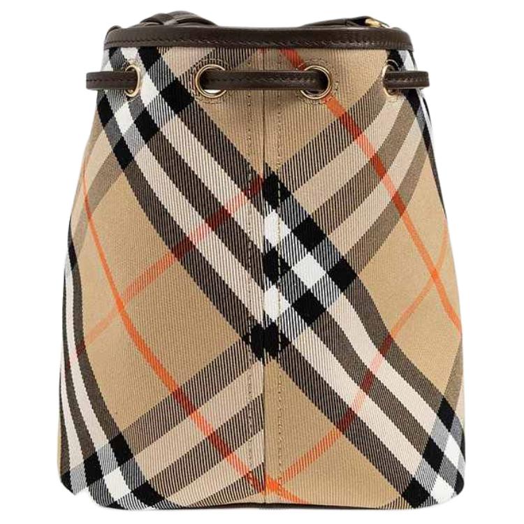 Burberry Borsa a secchiello da spalla in cotone con finiture in metallo dorato da donna Marrone 80938041