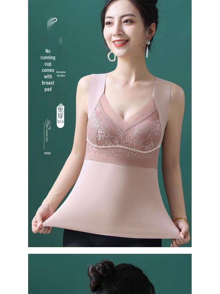 German Velvet Warm Vest with Lace Base Layer and Chest Pad - Plus Size Seamless Self-Heating Bra for Autumn and Winter
