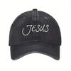 Jesus Cursive Lettering Baseball Cap Polyester Distressed Casual Unisex Hat for Church Events