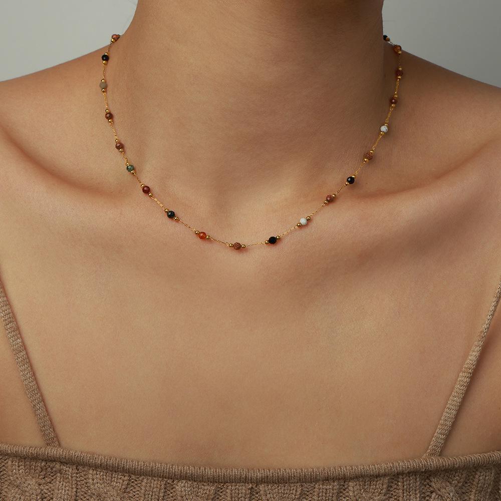 Bohemian Necklace with Natural Stone Beads and 18k Gold-Plated Titanium Steel Chain