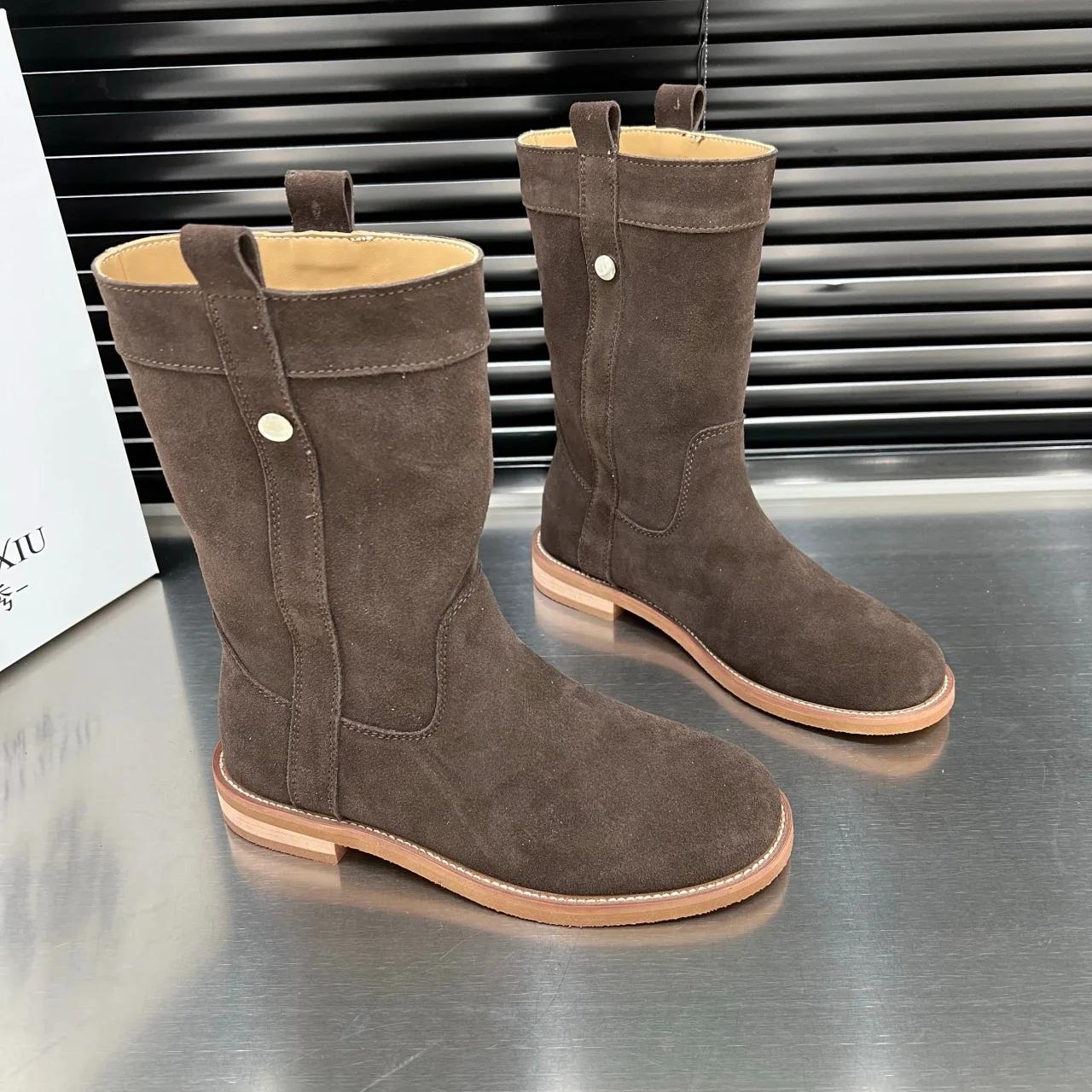 

модные замшевые женские зимние сапоги средней высоты на плоской подошве модная обувь женская 2025 трендовые зимние ботинки челси готические новые женские короткие ботинки 35 верблюд