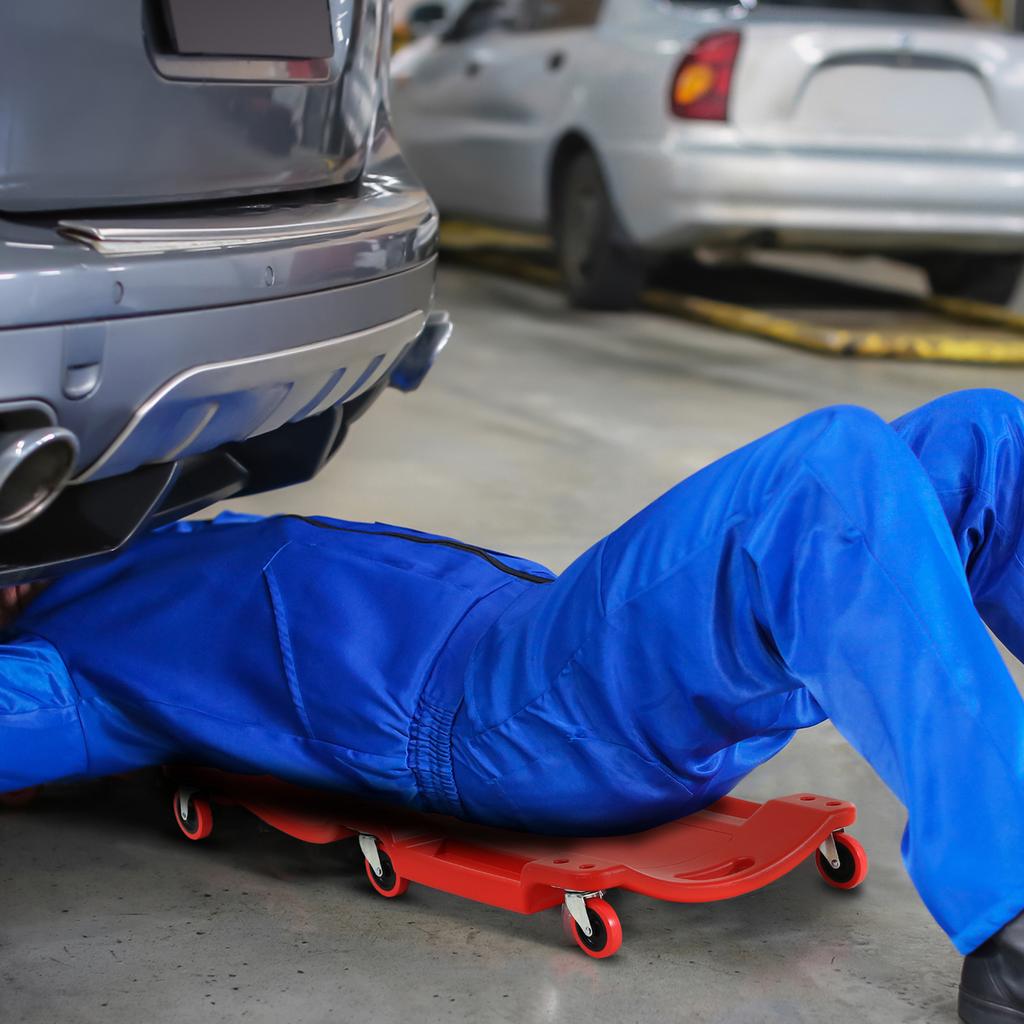 Mechanic Vehicle Creeper, Under-Car Rolling Crawler Board, with Headrest, Wheels, Red