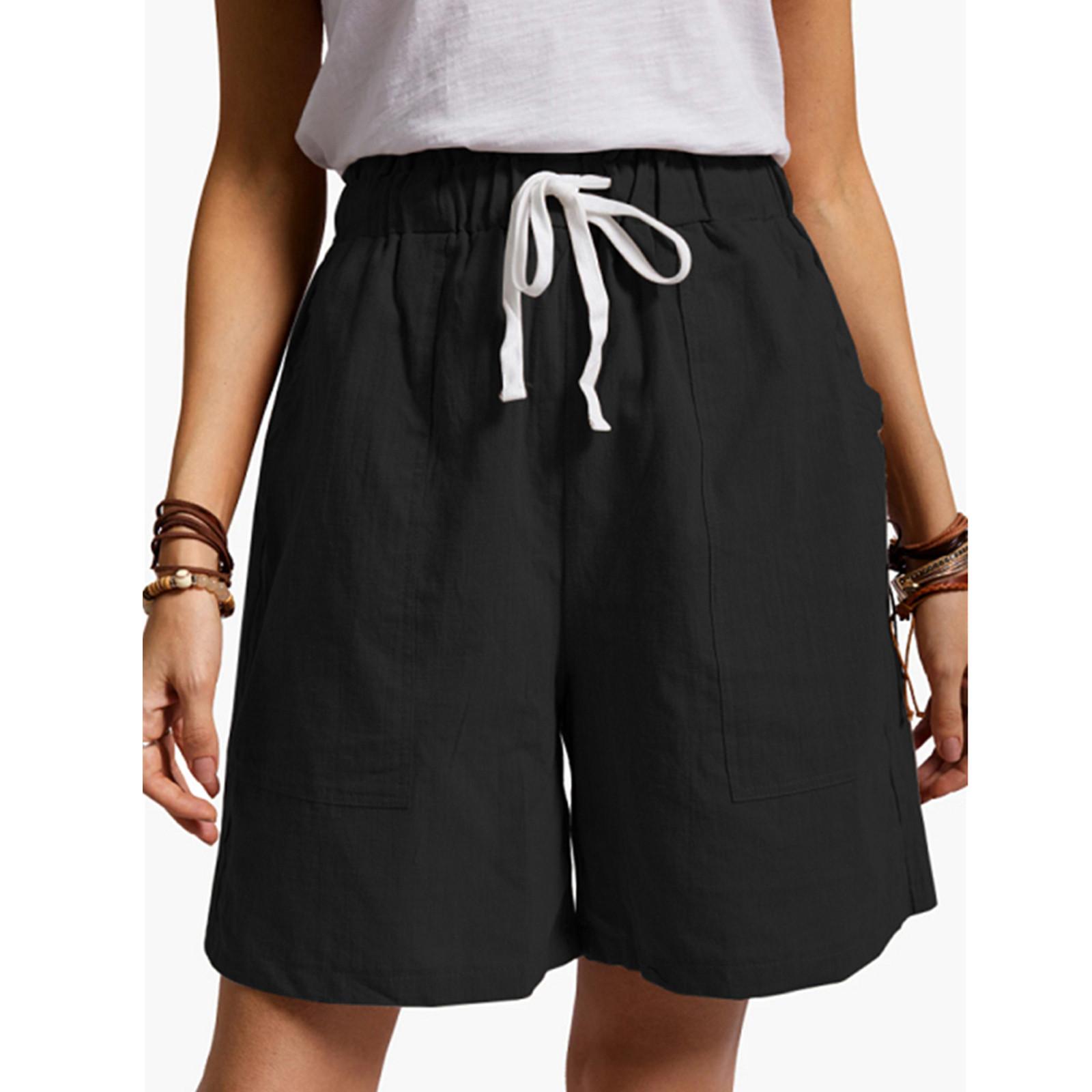 

Fashion Women Casual Loose Shorts Elastic Waist Summer Pockets Linen Pants S чёрный