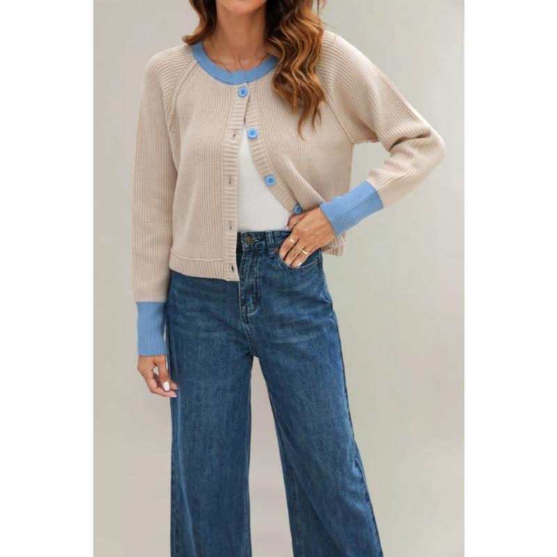 

Autumn and winter new fashion round neck single-row button contrasting knitted cardigan jacket women S абрикосовый