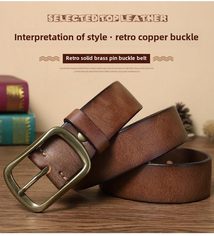Męski modny pasek ze skóry retro szczotkowanej ręcznie z miedzianą klamrą szpilkową