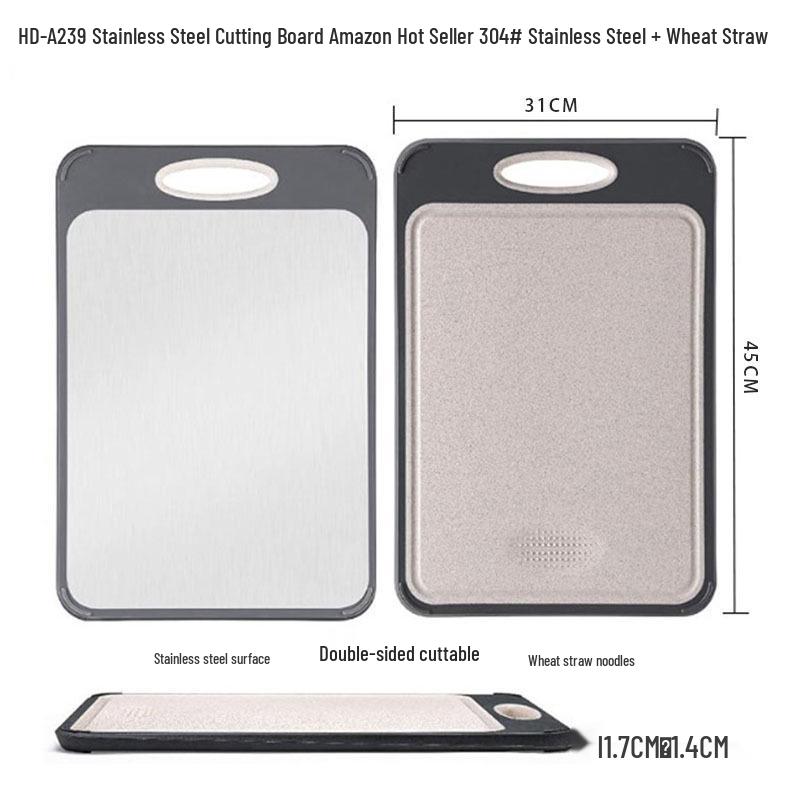 Dual-Sided Titanium & Stainless Steel Cutting Board with Wheat Straw 304