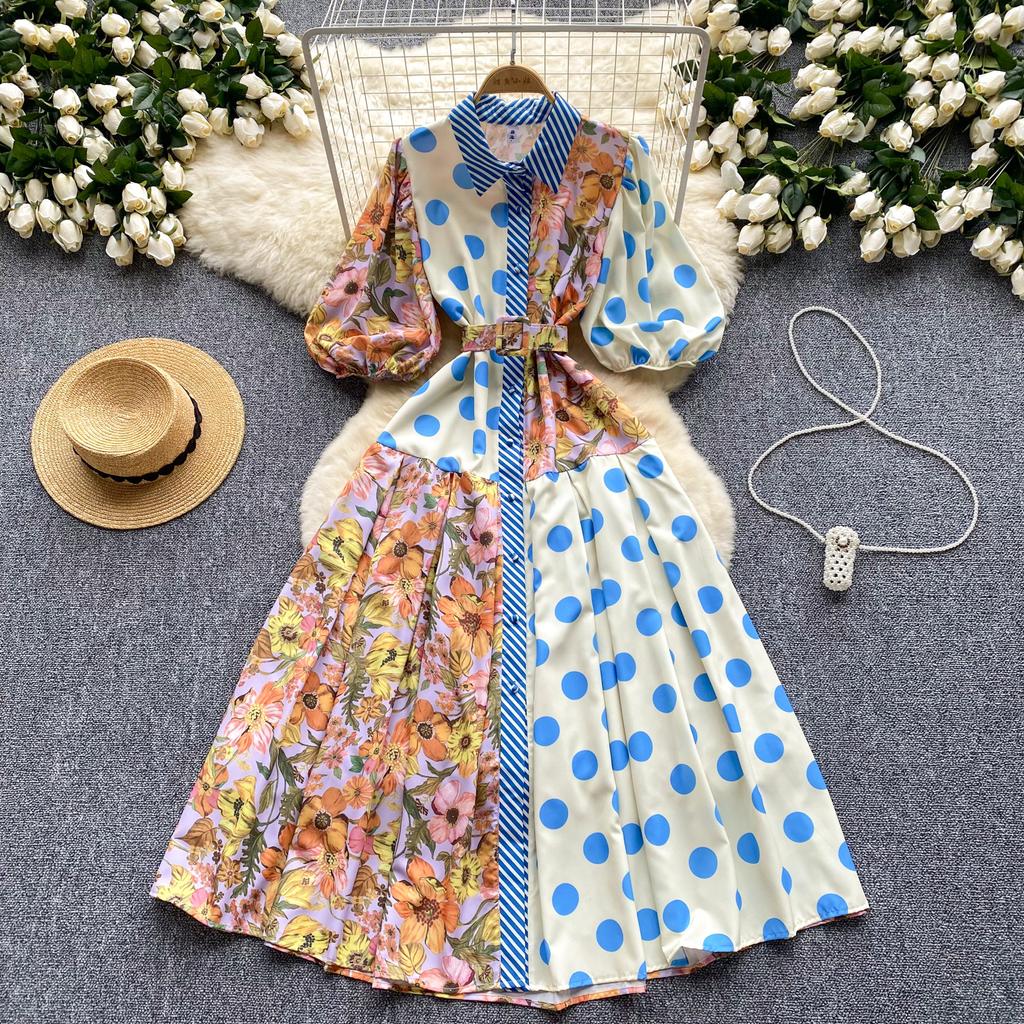 Summer Elegant Midi Patchwork Dress for Women Lapel 3/4 Sleeve Wave Point Breasted Female Design Vestidos New In 2024 Chic