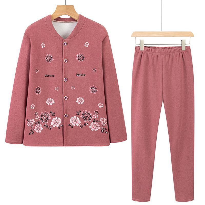 Elderly Women's Fleece-Lined Winter Underwear Set - Warm Pajamas & Cardigan