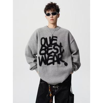 American Letter Jacquard Crew Neck Sweater Men's Winter New Heavy Lazy Style Knitted Sweater High Street Casual Top