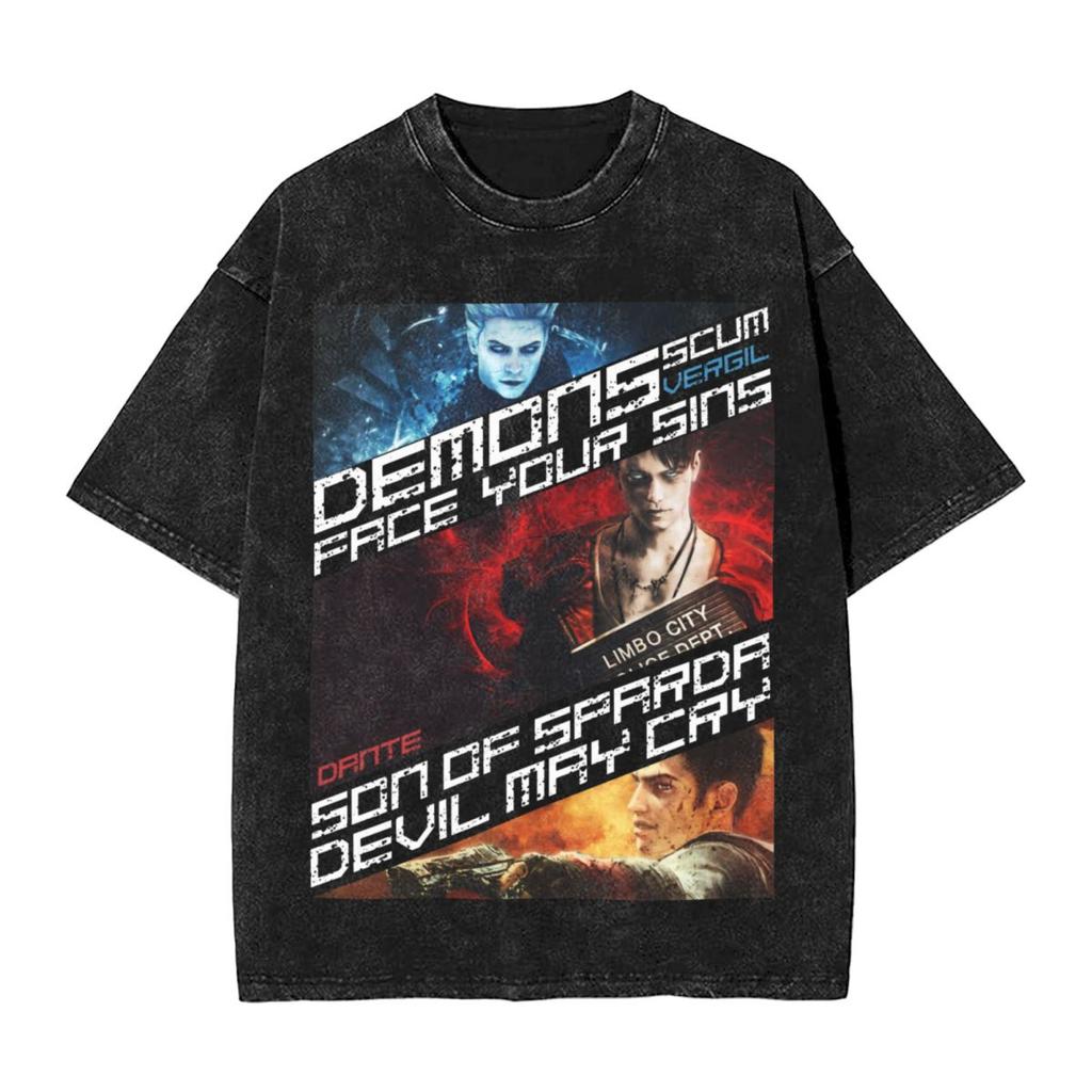 Washed T Shirts DMC Devil May Cry Demon Brothers TShirts Harajuku Streetwear Cotton Graphic Tops Tops Tees Men Women