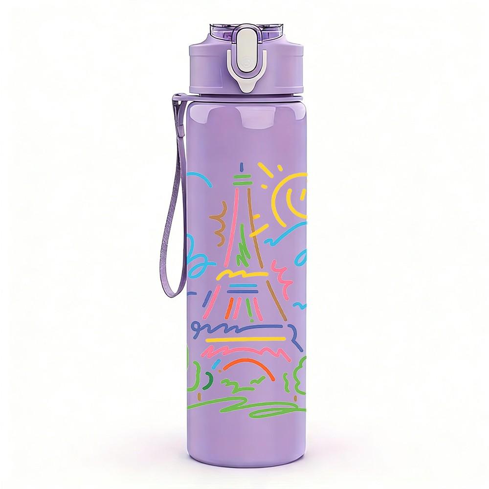 1PC Simple Eiffel Tower Line Drawing Print 750ml Color Plastic Sports Water Bottle Leakproof Flip Straw Lid Suitable for Sports Office Home Use