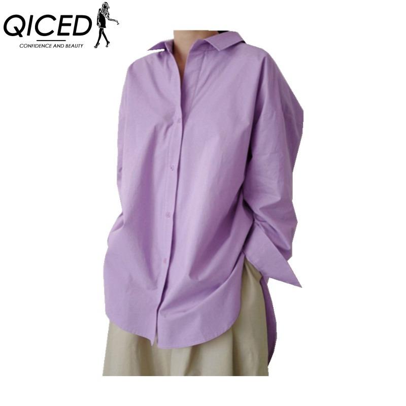 

QICED Женские модные повседневные однотонные блузки и рубашки-поло с длинным рукавом с принтом XXXXXL фиолетовый