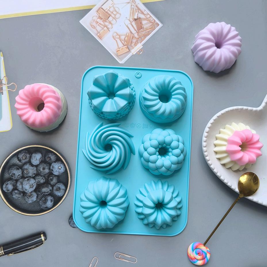 1 Pcs Silicone Donut Baking Molds Multicolor Doughnut Pans 6-Cavity Designs Donut Flower And Swirl Shaped Suitable For Baking