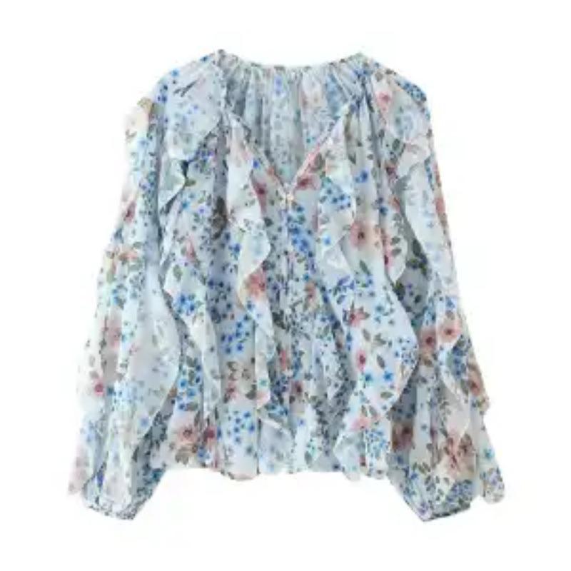 2025 Nova Moda Outono Feminina Camisa de Manga Comprida Solta Decorativa em Camadas Folha de Lótus