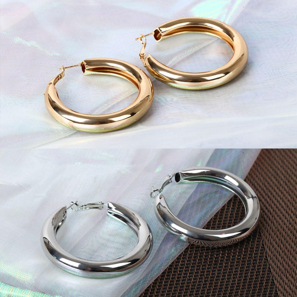 Punk Rock Minimalist Women Jewelry Big Gold Alloy Round Circle Hoop Earrings Thick Tube