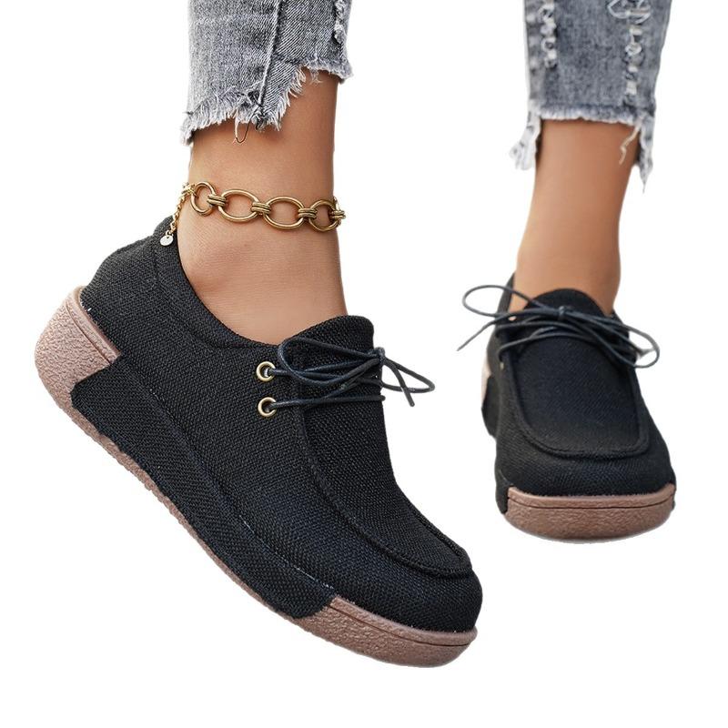Sapatos Casuais Plataforma de Largura Larga Femininos - Tênis Retrô com Cadarço para Primavera e Outono, Sapatos Baixos do Dia a Dia com Sola Grossa