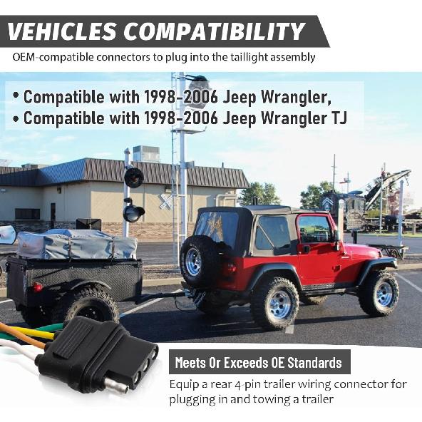 4-Way Flat Trailer Wiring Harness 55363 for 1998-2006 Jeep Wrangler TJ Vehicle-Side 4 Pin Trailer Towing Hitch Wiring for Jeep TJ 4 Prong Trailer
