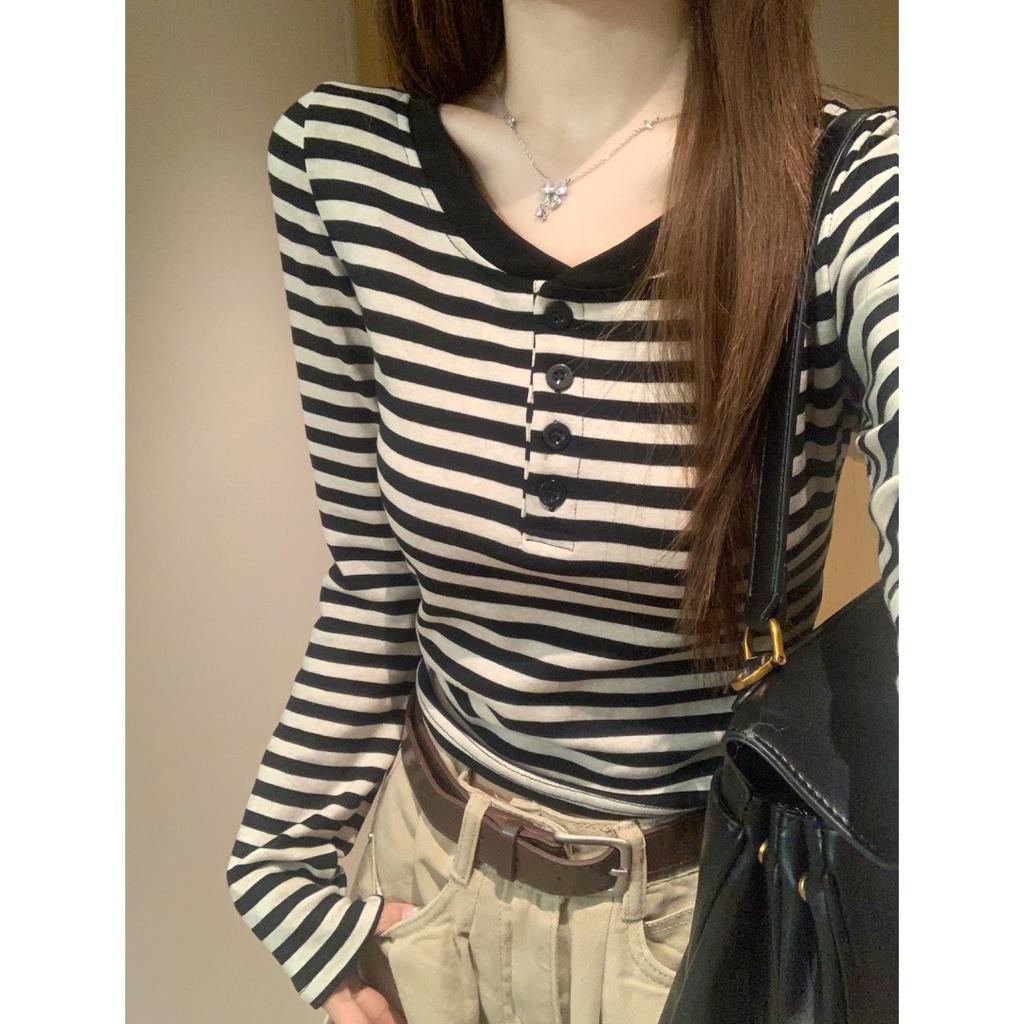 Button Front Shoulder Bottoming Shirt Women's Spring Stripes Contrasting Colors Slim Fit Sweet and Spicy Style Long-sleeved T-shirt with Top Tide