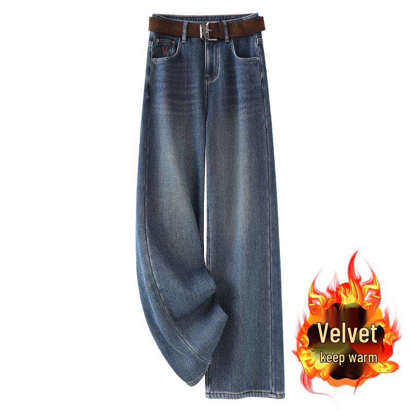 

2024 New Women s Dark Blue Retro Drape Fleece-Lined Wide-Leg Jeans – Thick, Straight-Leg Pants for Autumn and Winter M