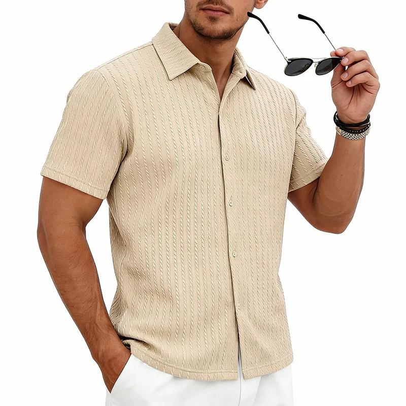 Men's Casual Shirts Textured Short Sleeve Button Down Shirt Summer Loose Fit Knit Tops for Men