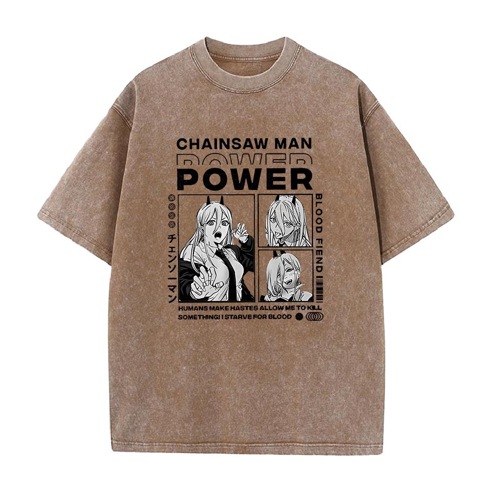 Anime Chainsaw Man Power Print Tee Men Women Plus Size Tshirts Manga Washed Cotton T Shirt Harajuku Unisex Comfortable Tshirt