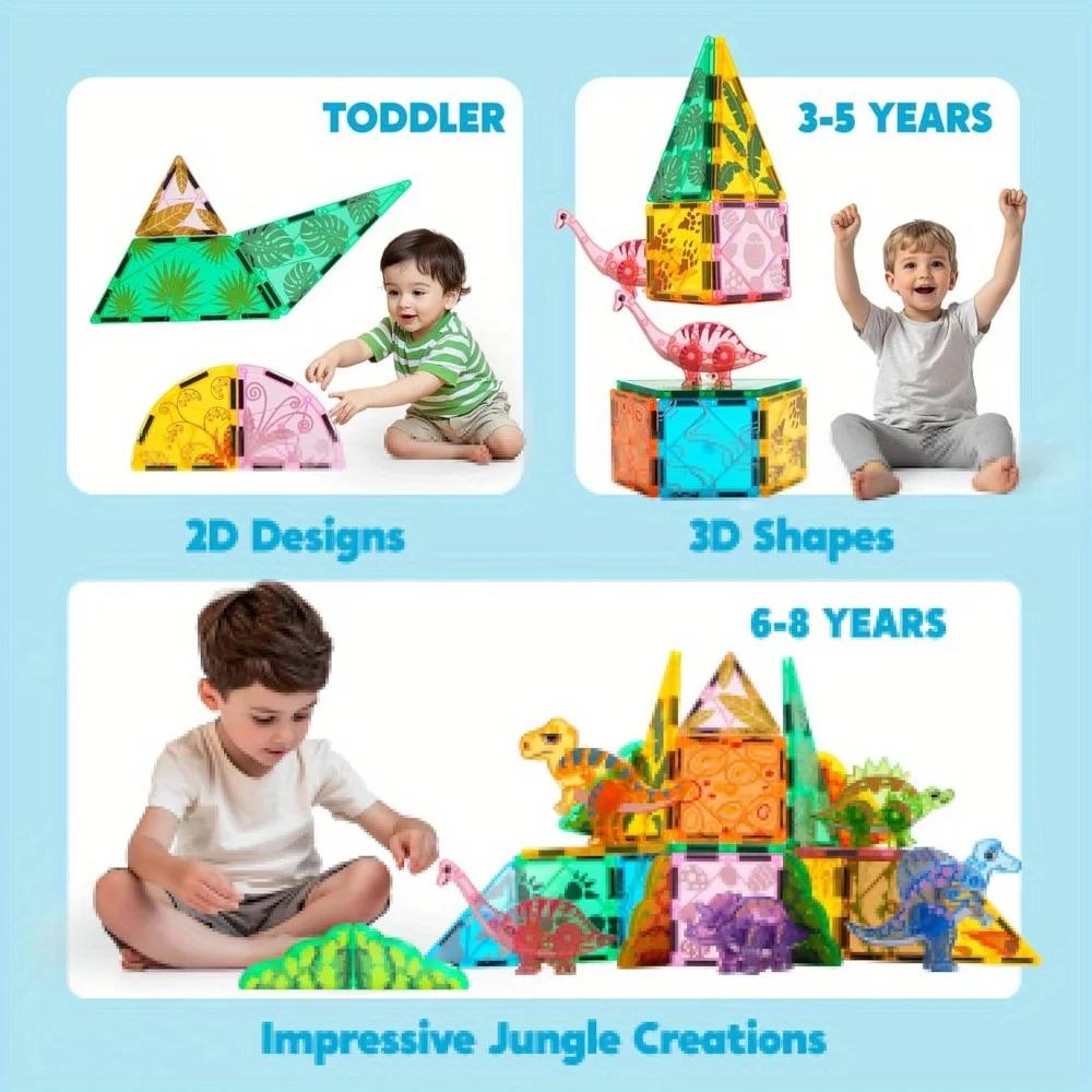 50Pcs Magnetic Construction Tiles Dinosaur Collection Designed for Children Xmas Birth Date Present 5 Adorable Dinosaurs Instructive STEM Toy