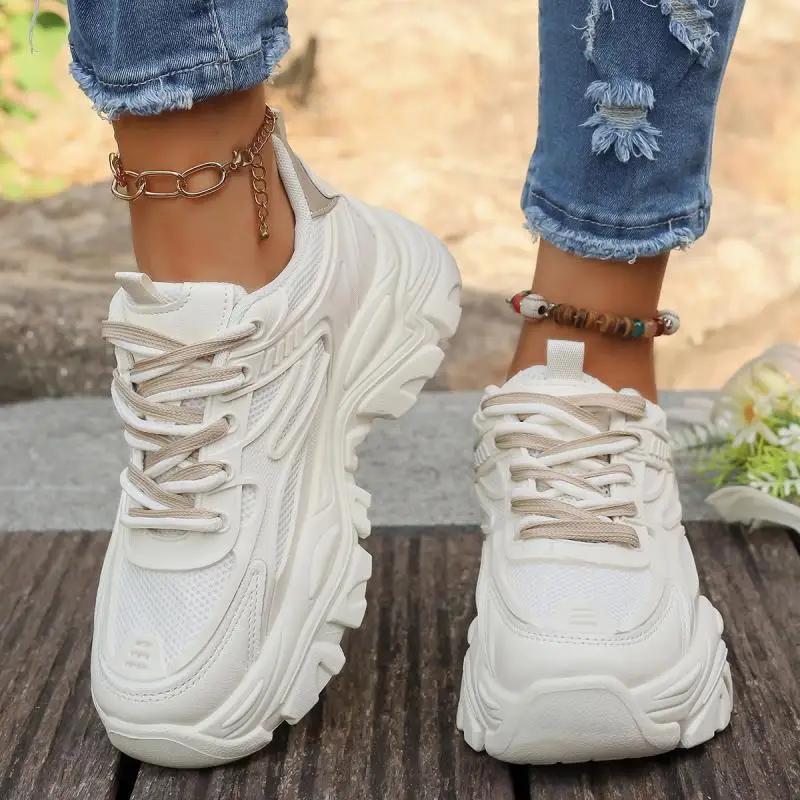 Mode Atmungsaktive Mesh Schnür-Sneakers Damen 2025 Herbst Runde Zehen Dicke Sohle Sneakers Komfort Weiche Sohle Rutschfest Laufschuhe