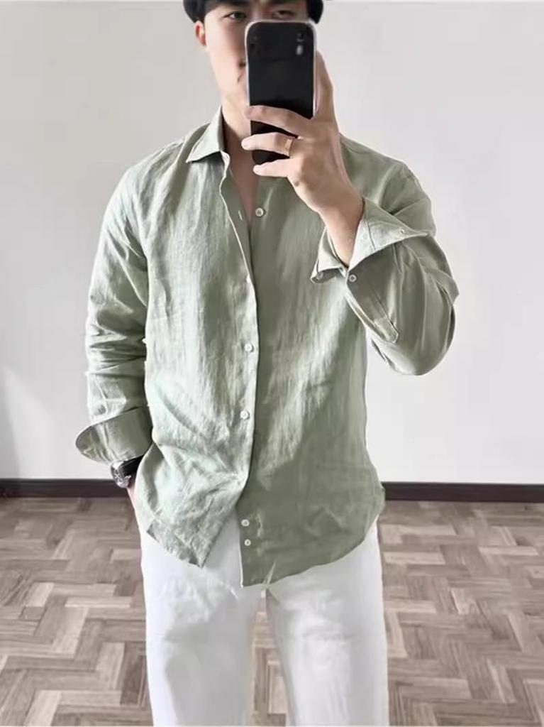 Men's High-End Cotton Linen Crinkled Shirt - Loose, Breathable, Long Sleeve, Sun Protection, Casual Versatile Top