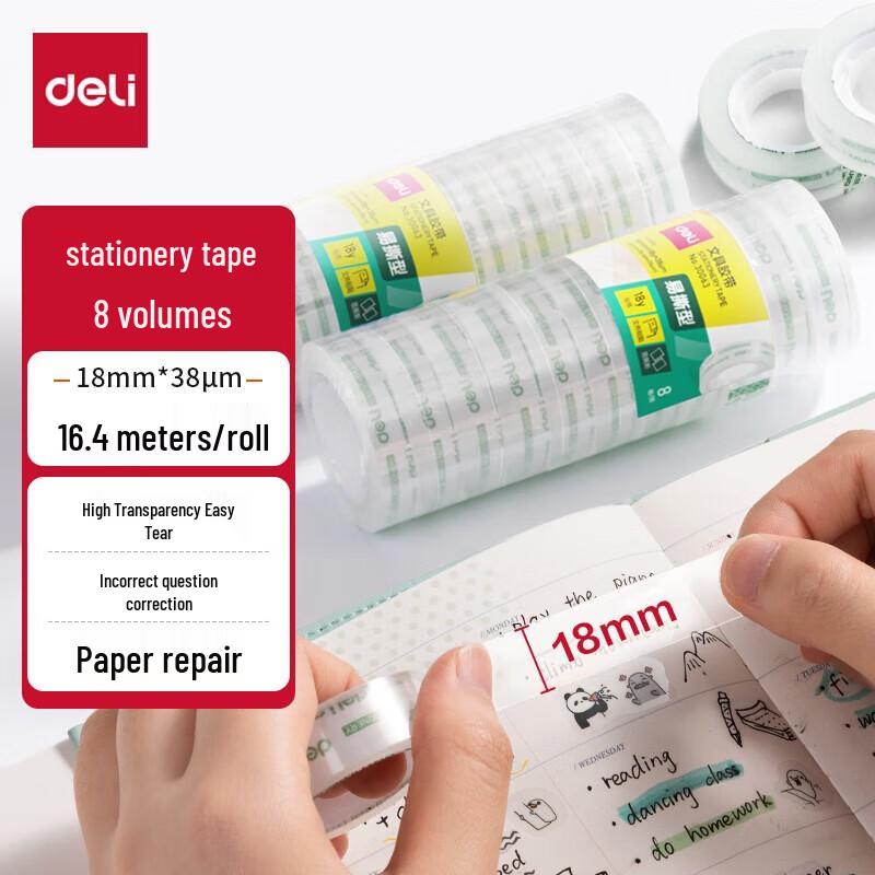 Deli 30063 High Adhesion Clear Tape, 18mm x 18y, 8 Rolls
